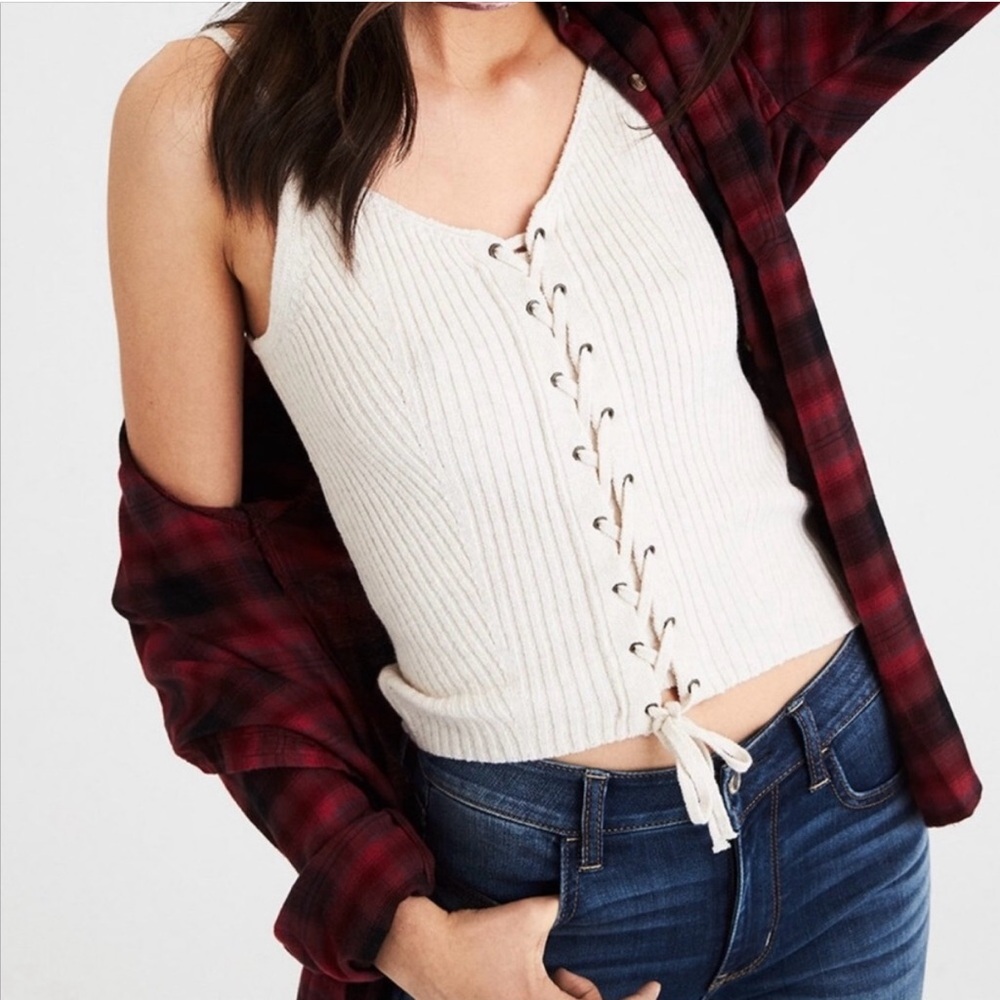 American Eagle Lace Up Ribbed Soft Beige Sweater Tank Size XL NWT!